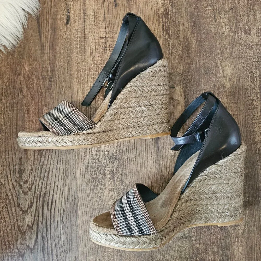 Brunello Cucinelli Monili Ankle Strap Leather Wedge Espadrille Sandals, 39IT/US9